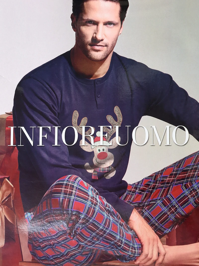 Pigiama lungo da uomo natalizio con pantaloni a quadri - blu scuro