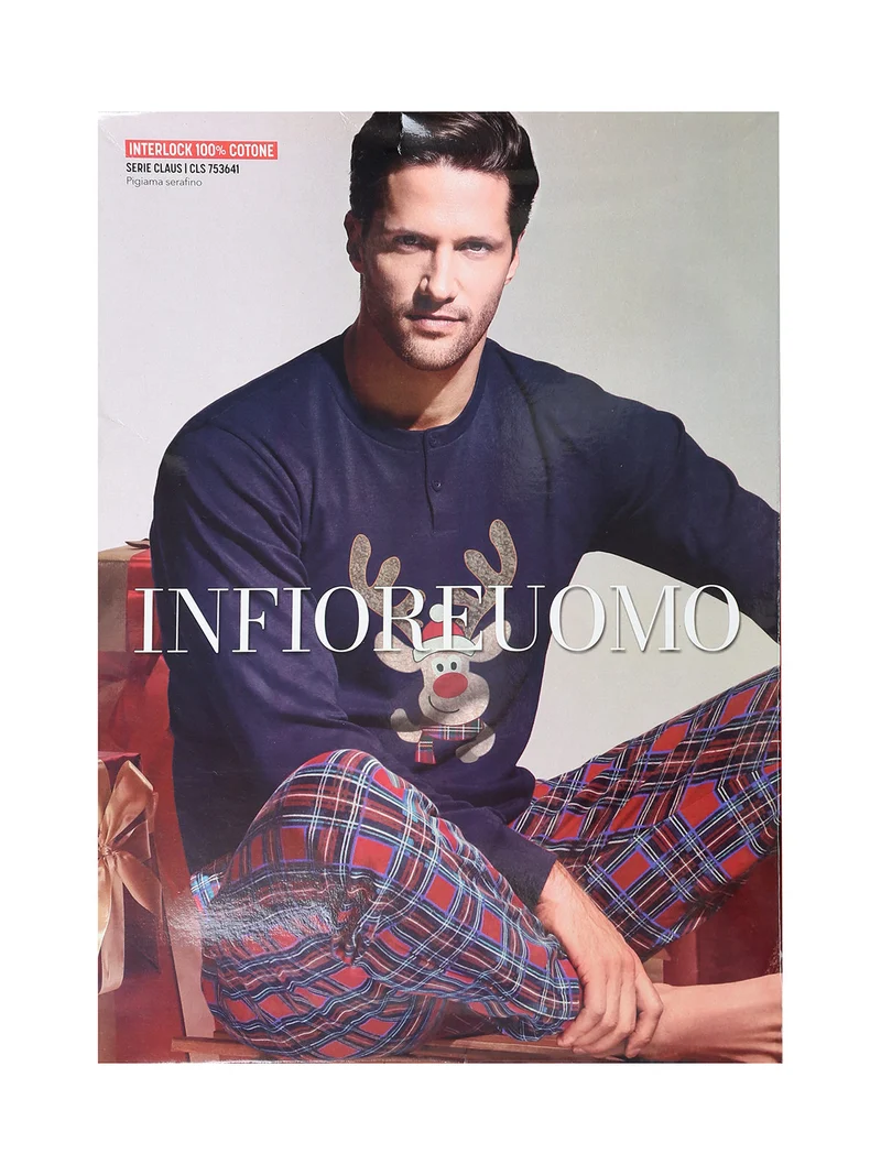 Pigiama lungo da uomo natalizio con pantaloni a quadri - blu scuro