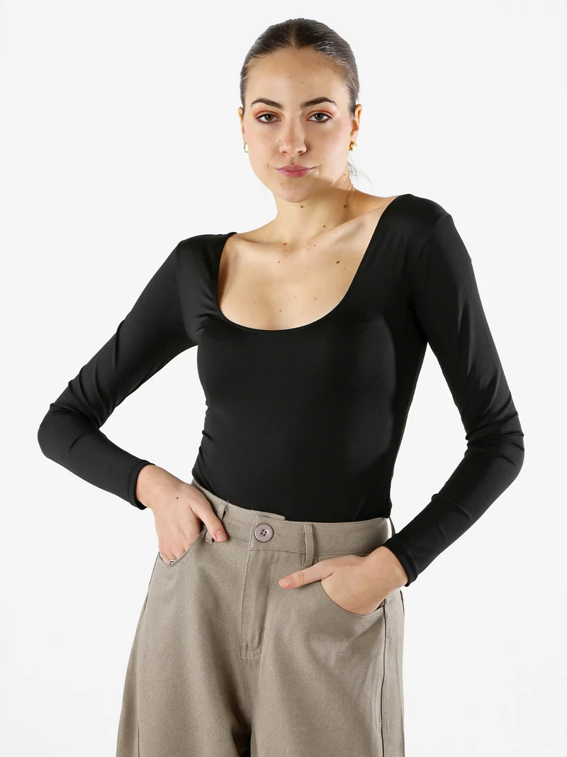 Top body donna a maniche lunghe con scollo davanti e dietro - nero