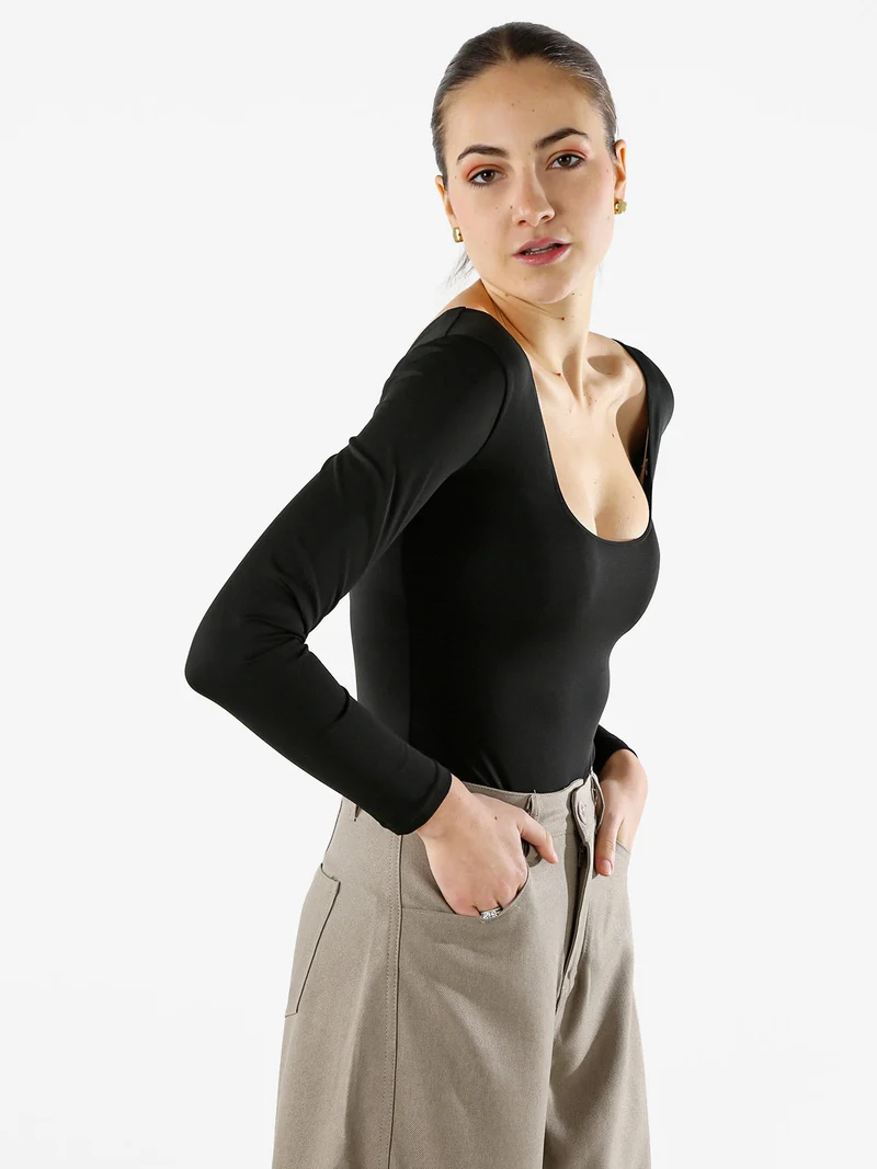 Top body donna a maniche lunghe con scollo davanti e dietro - nero
