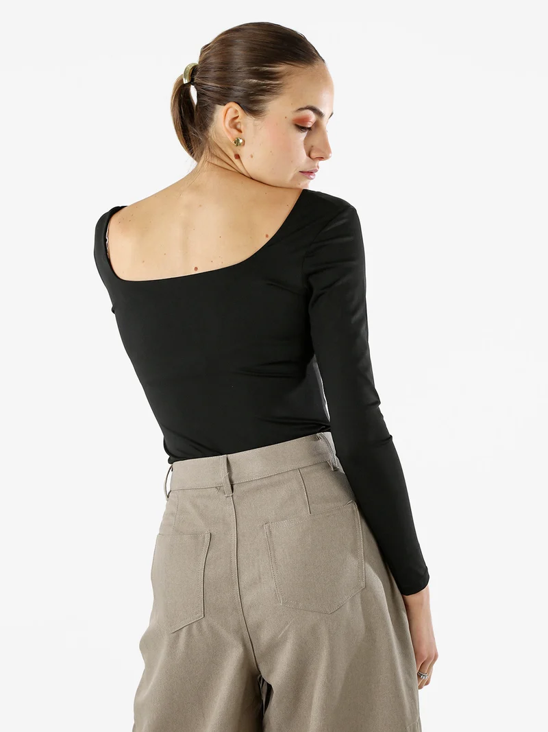 Top body donna a maniche lunghe con scollo davanti e dietro - nero
