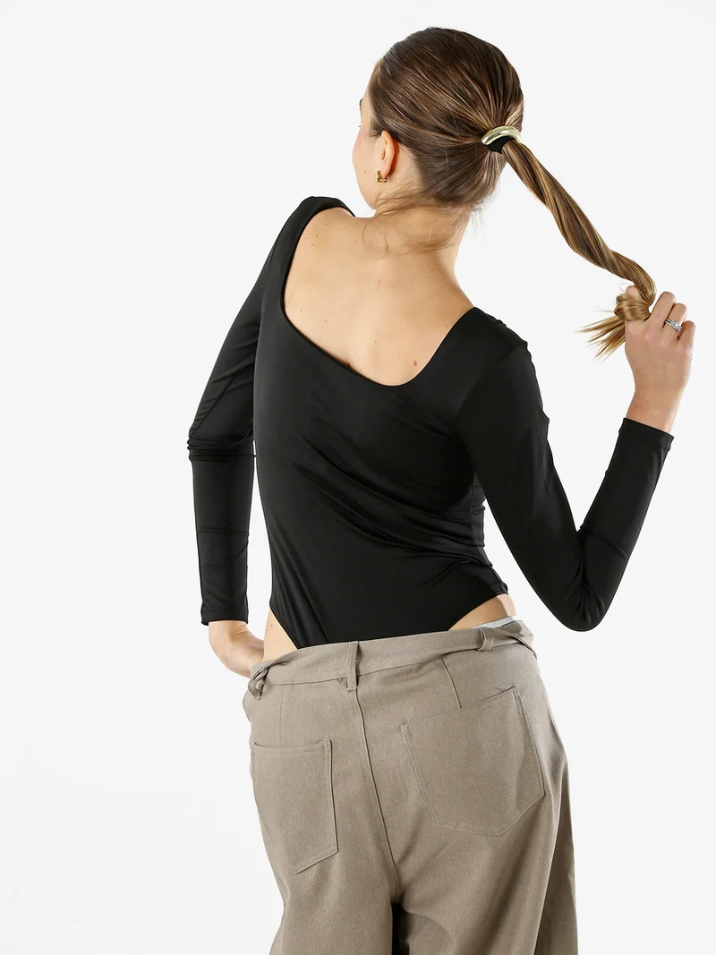 Top body donna a maniche lunghe con scollo davanti e dietro - nero