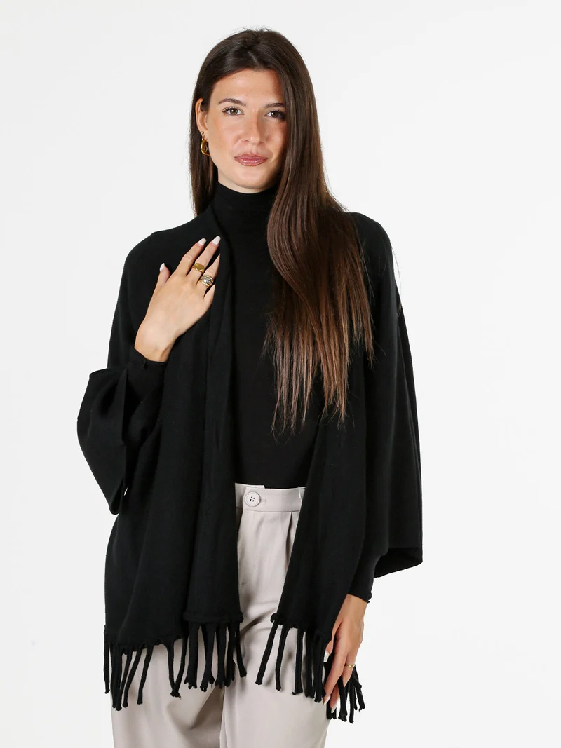 Cardigan aperto da donna in maglia con maniche a campana e frange sul fondo - nero