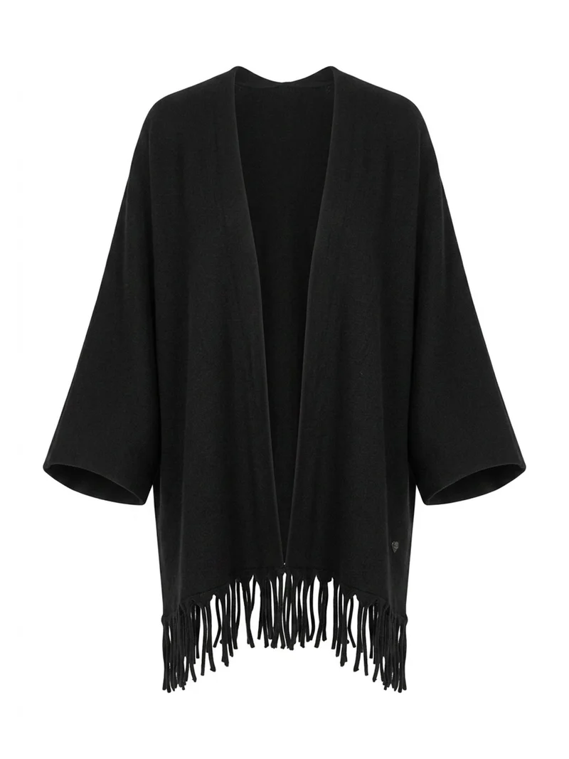 Cardigan aperto da donna in maglia con maniche a campana e frange sul fondo - nero