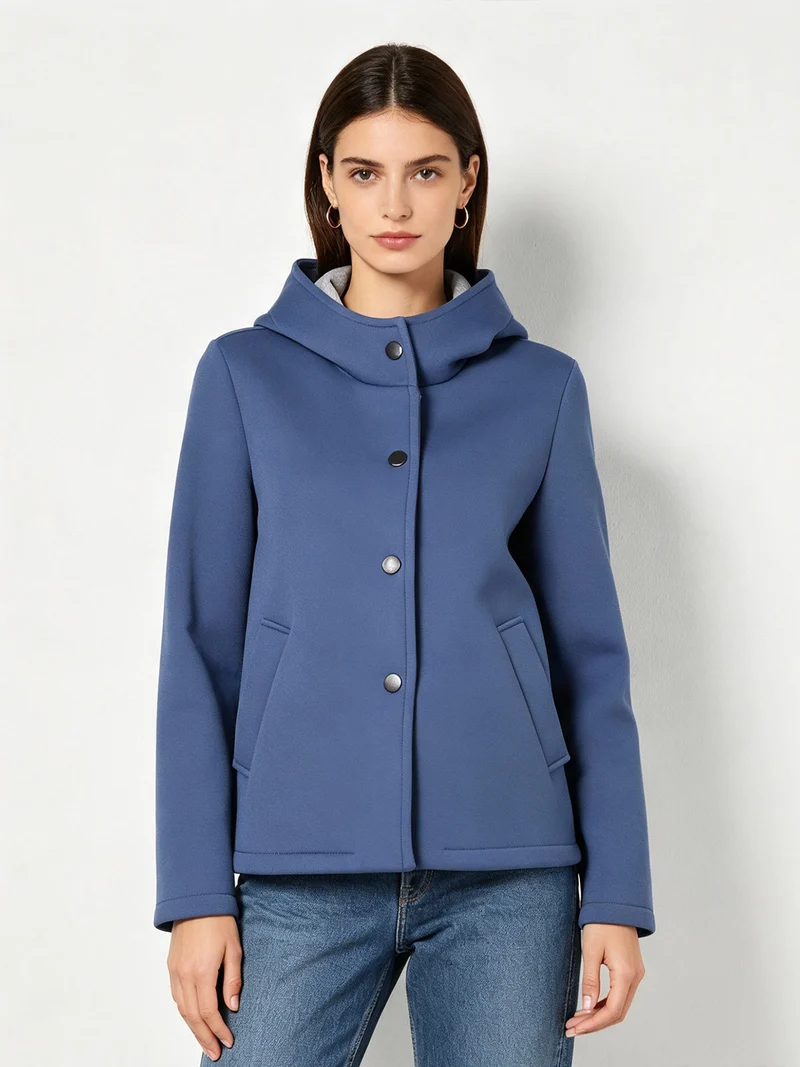 Giacca da donna in panno con bottoni e cappuccio - blu