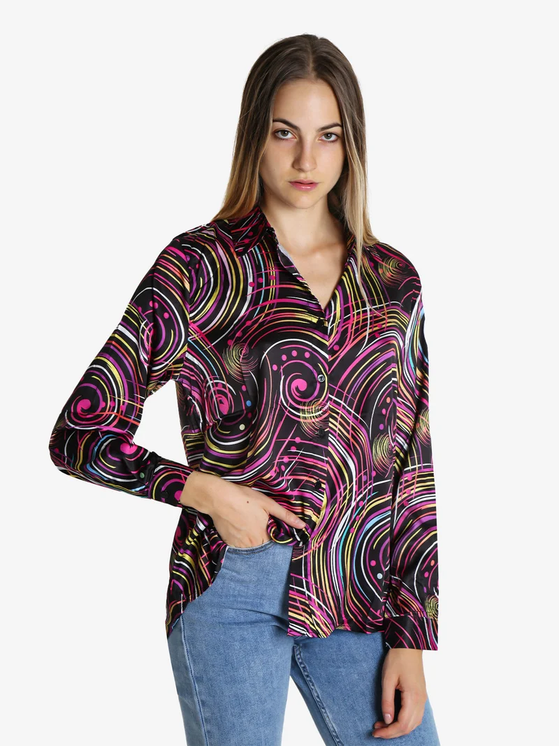 Camicia donna a maniche lunghe con stampa a fantasia - fucsia