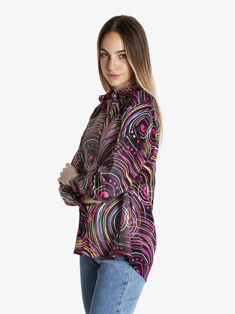 Camicia donna a maniche lunghe con stampa a fantasia - fucsia