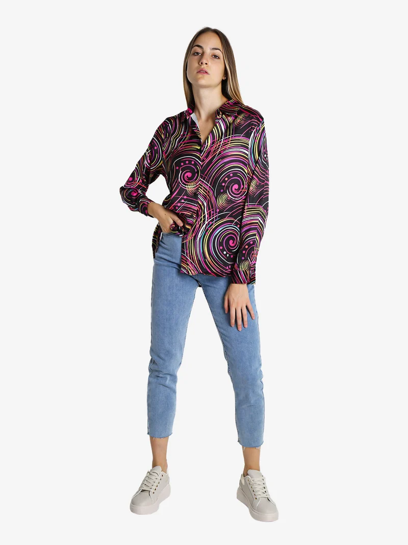 Camicia donna a maniche lunghe con stampa a fantasia - fucsia