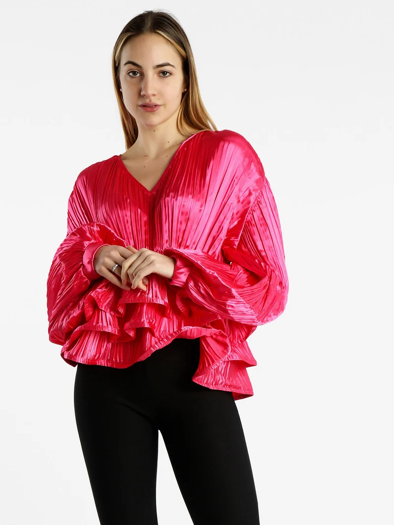 Blusa donna plissetata con balze sul finale - fucsia