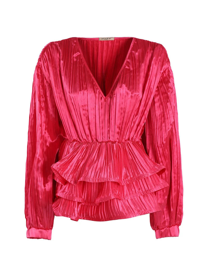 Blusa donna plissetata con balze sul finale - fucsia