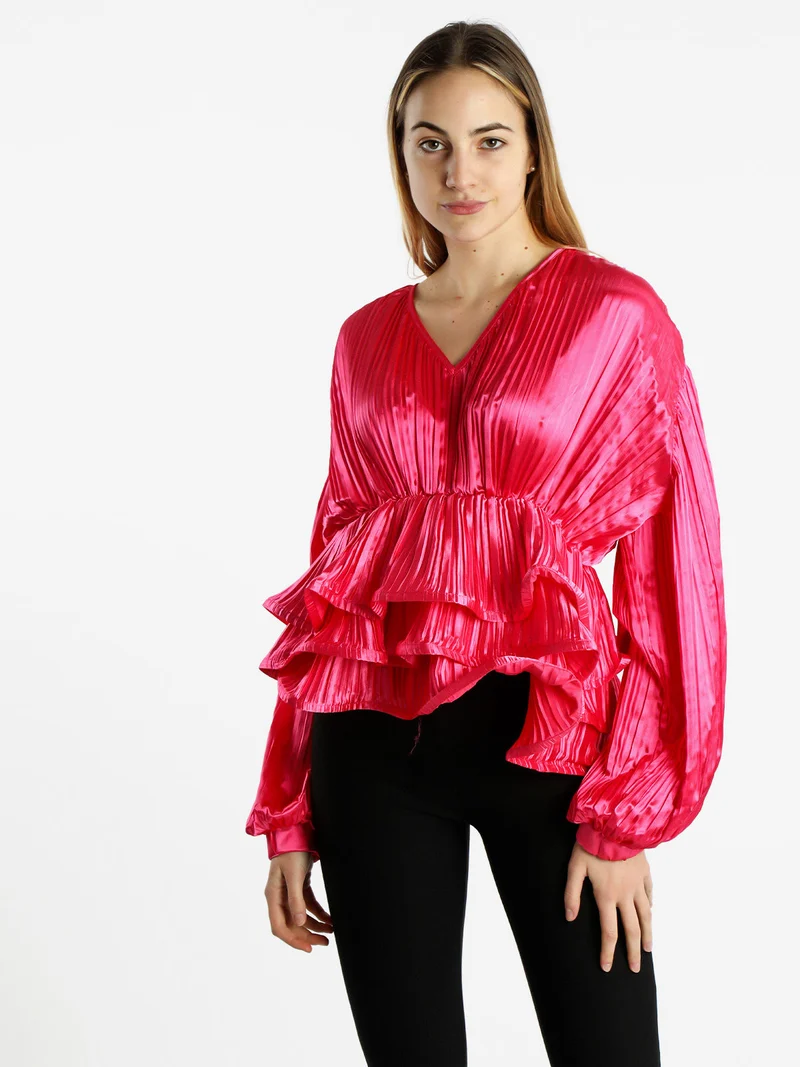 Blusa donna plissetata con balze sul finale - fucsia