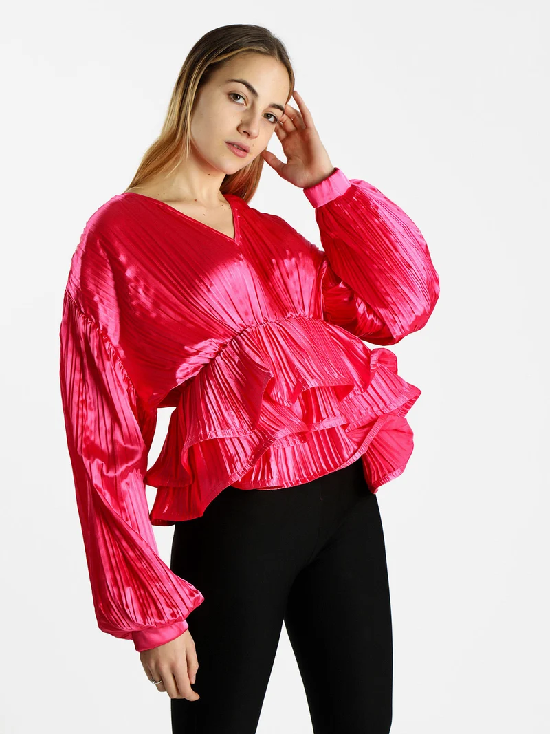 Blusa donna plissetata con balze sul finale - fucsia
