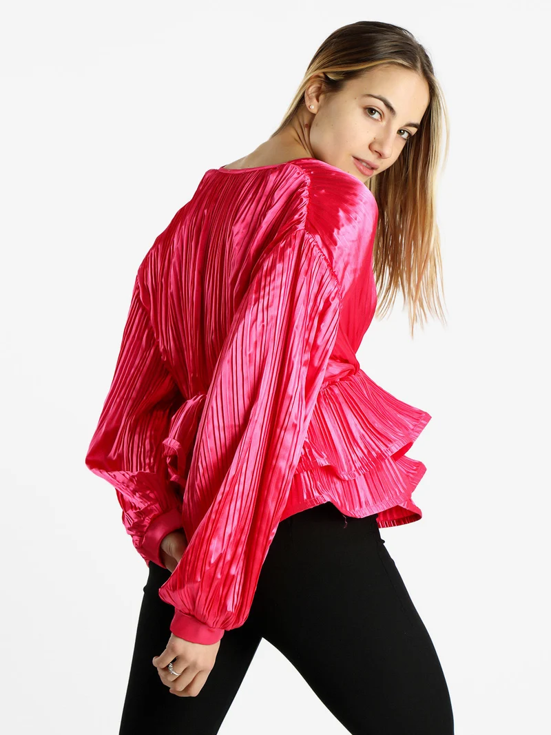 Blusa donna plissetata con balze sul finale - fucsia