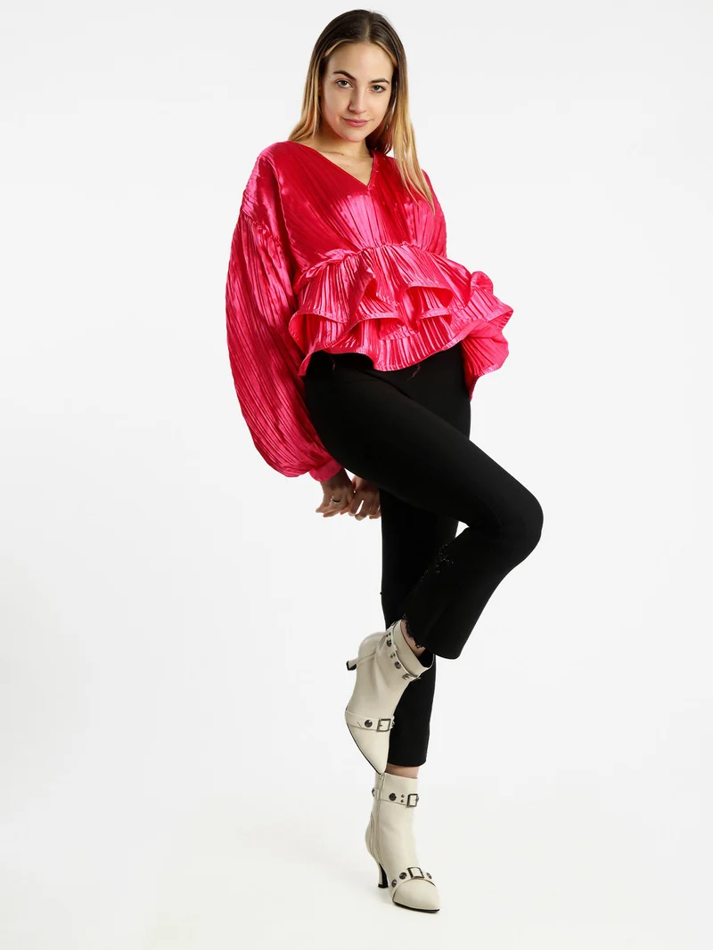 Blusa donna plissetata con balze sul finale - fucsia