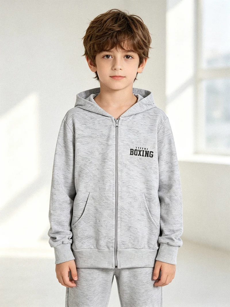 Felpa da ragazzo in cotone con cappuccio e zip - grigio