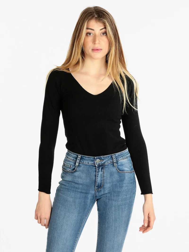 Pullover donna con scollo a V - nero