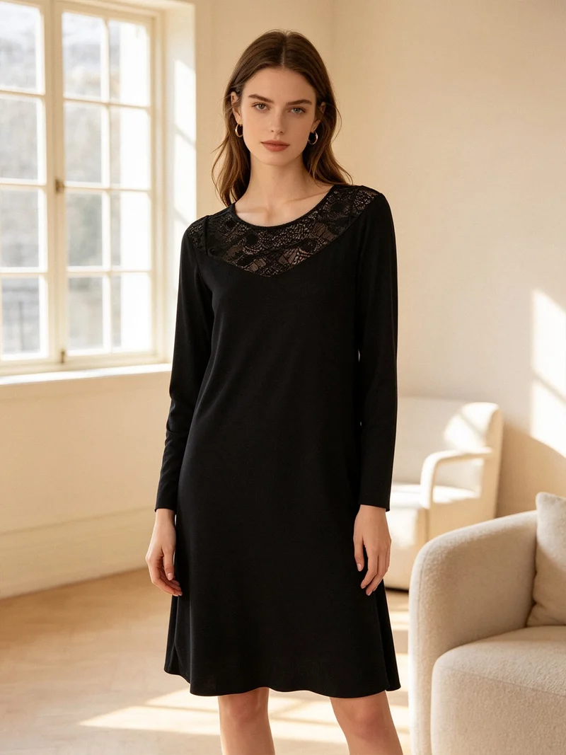 Camicia da notte in fibra di bamboo a maniche lunghe con pizzo - nero