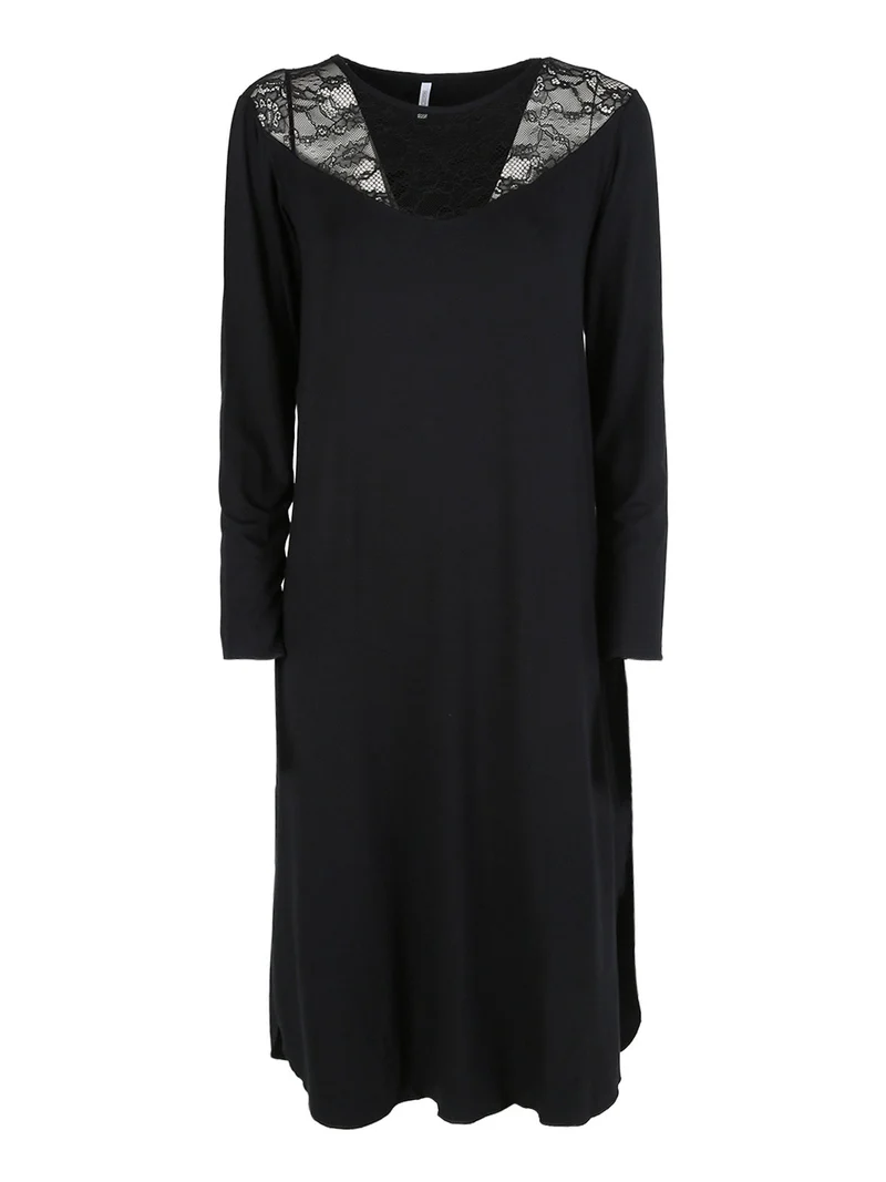Camicia da notte in fibra di bamboo a maniche lunghe con pizzo - nero