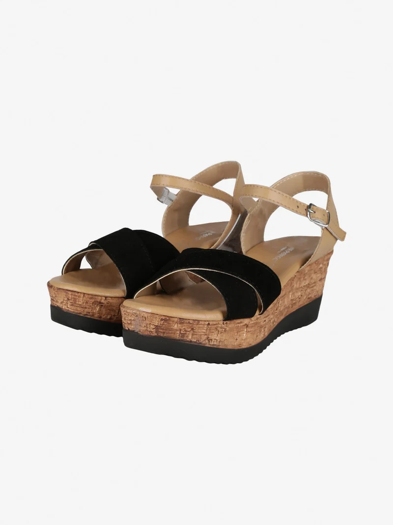 Sandali donna in pelle con zeppa - nero