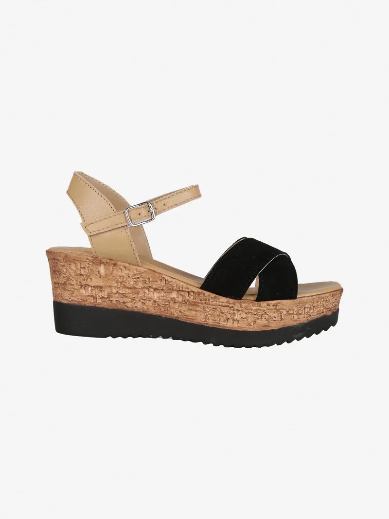 Sandali donna in pelle con zeppa - nero