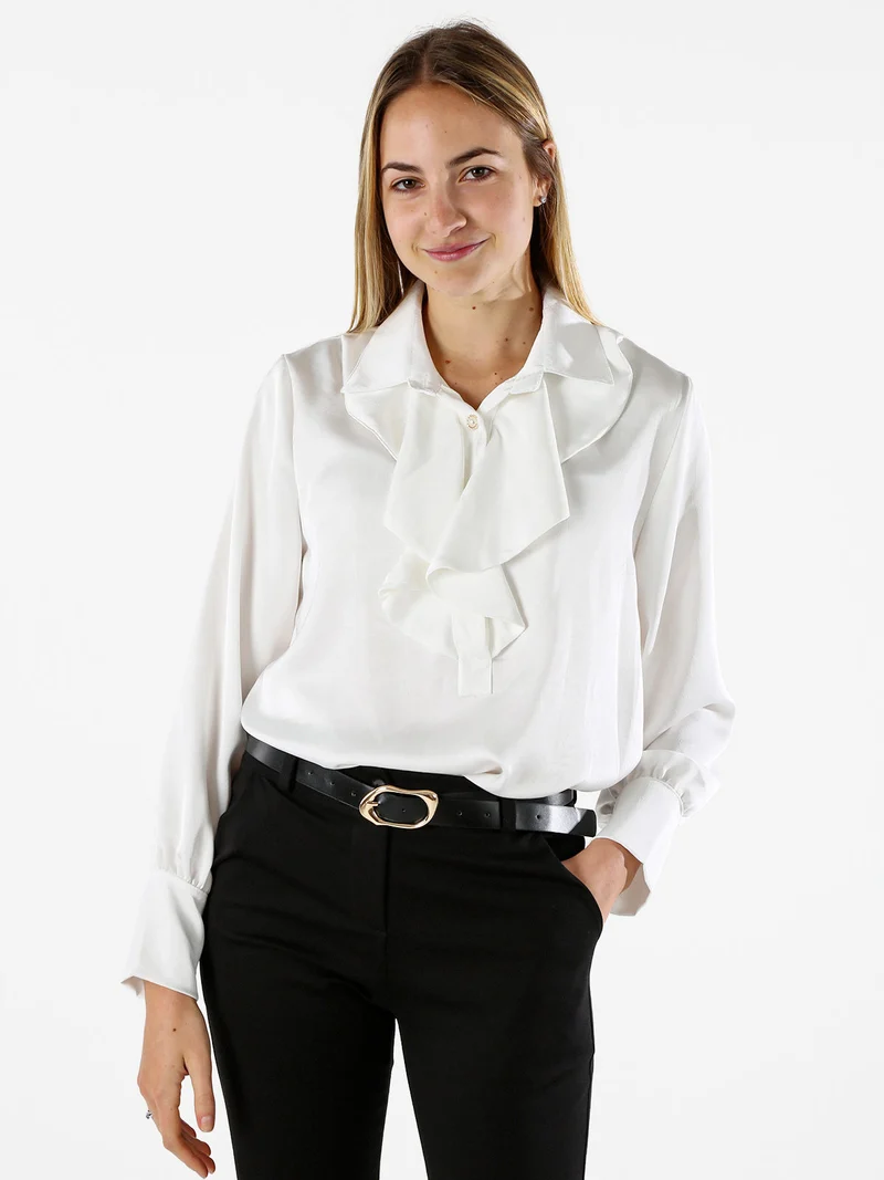 Blusa donna con bottoni di perle e volant sullo scollo - bianco