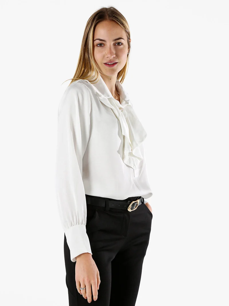 Blusa donna con bottoni di perle e volant sullo scollo - bianco