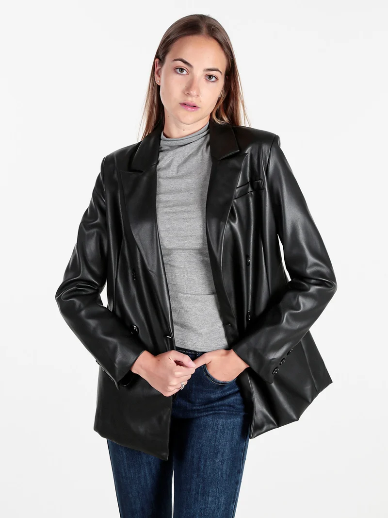 Giacca donna doppiopetto in ecopelle - nero