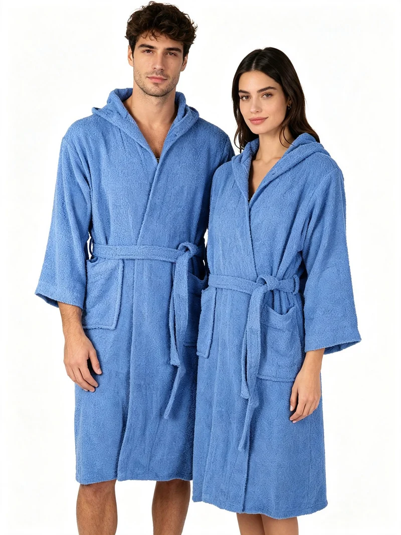Accappatoio unisex in spugna di cotone con cappuccio - blu