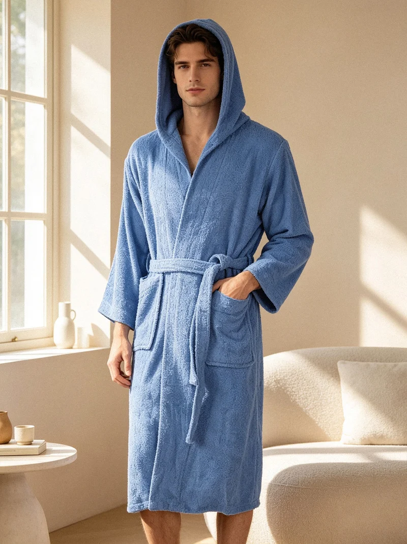 Accappatoio unisex in spugna di cotone con cappuccio - blu