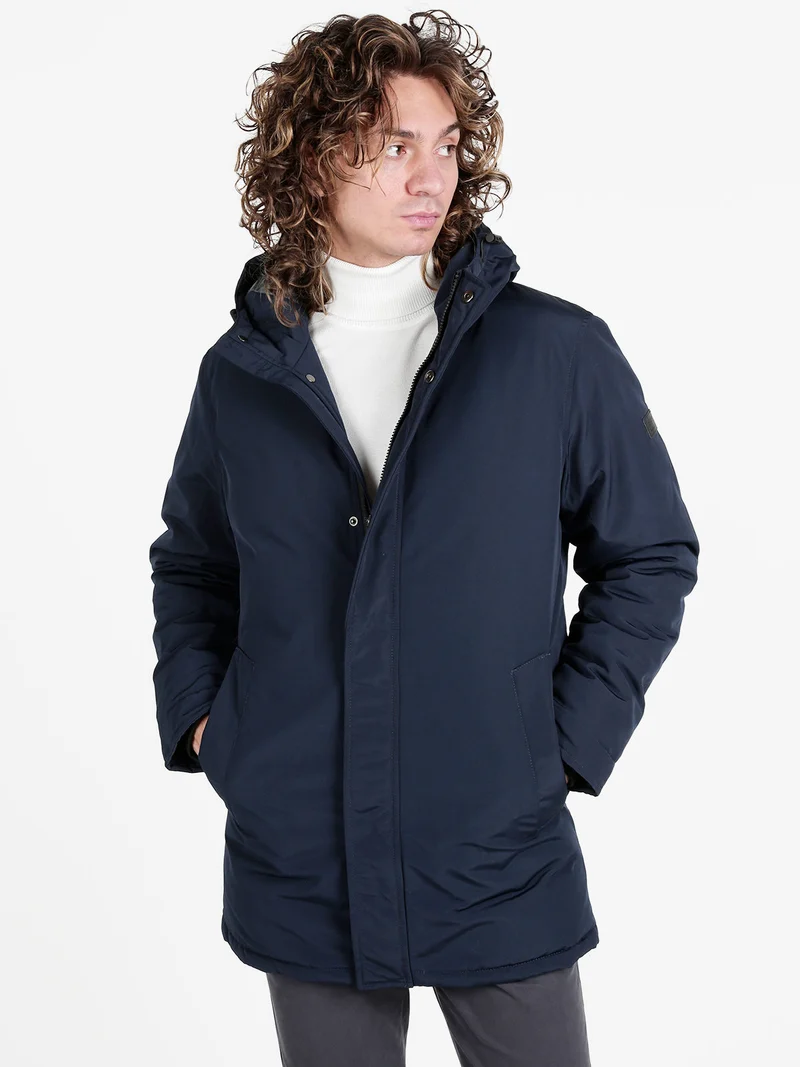 Giubbotto da uomo imbottito con cappuccio - blu scuro