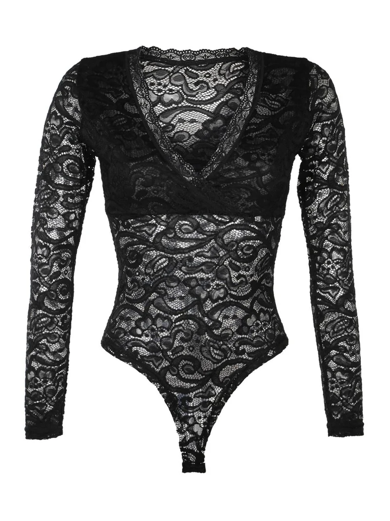 Body nero in pizzo a maniche lunghe - nero