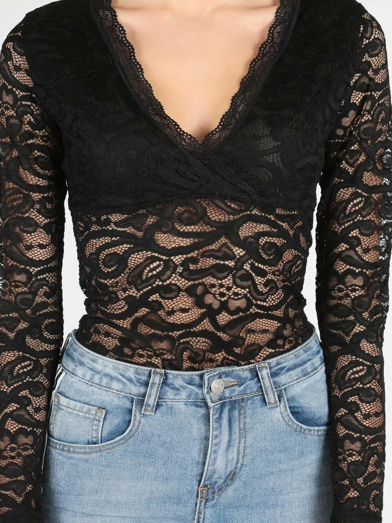 Body nero in pizzo a maniche lunghe - nero