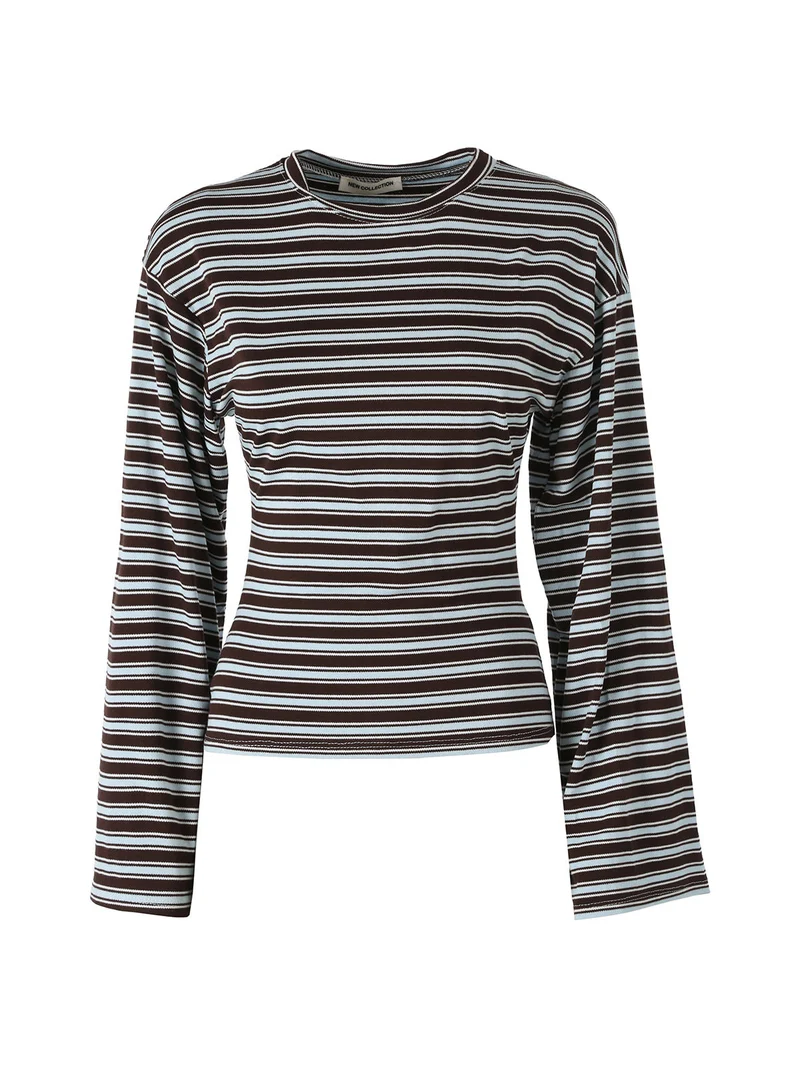 Maglia rigata da donna con maniche lunghe a campana - marrone