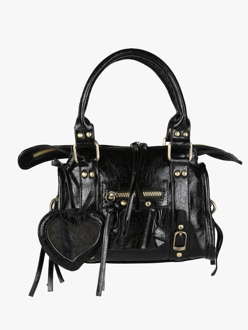 Borsa mini da donna in ecopelle con doppi manici e specchietto - nero