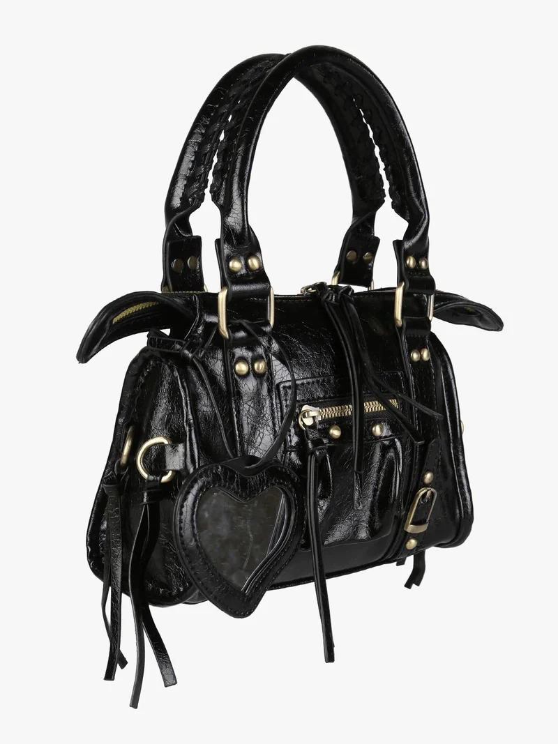Borsa mini da donna in ecopelle con doppi manici e specchietto - nero