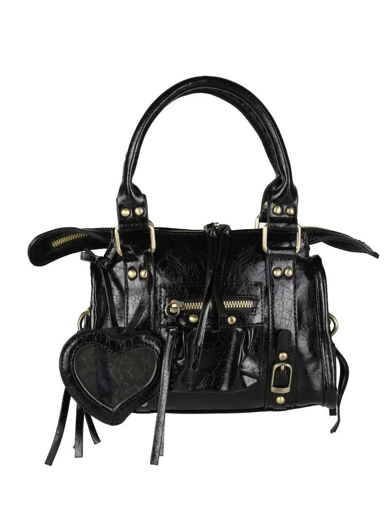 Borsa mini da donna in ecopelle con doppi manici e specchietto - nero