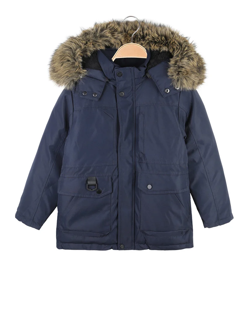 Giubbotto invernale da bambino con cappuccio e interno in ecopelo - blu scuro