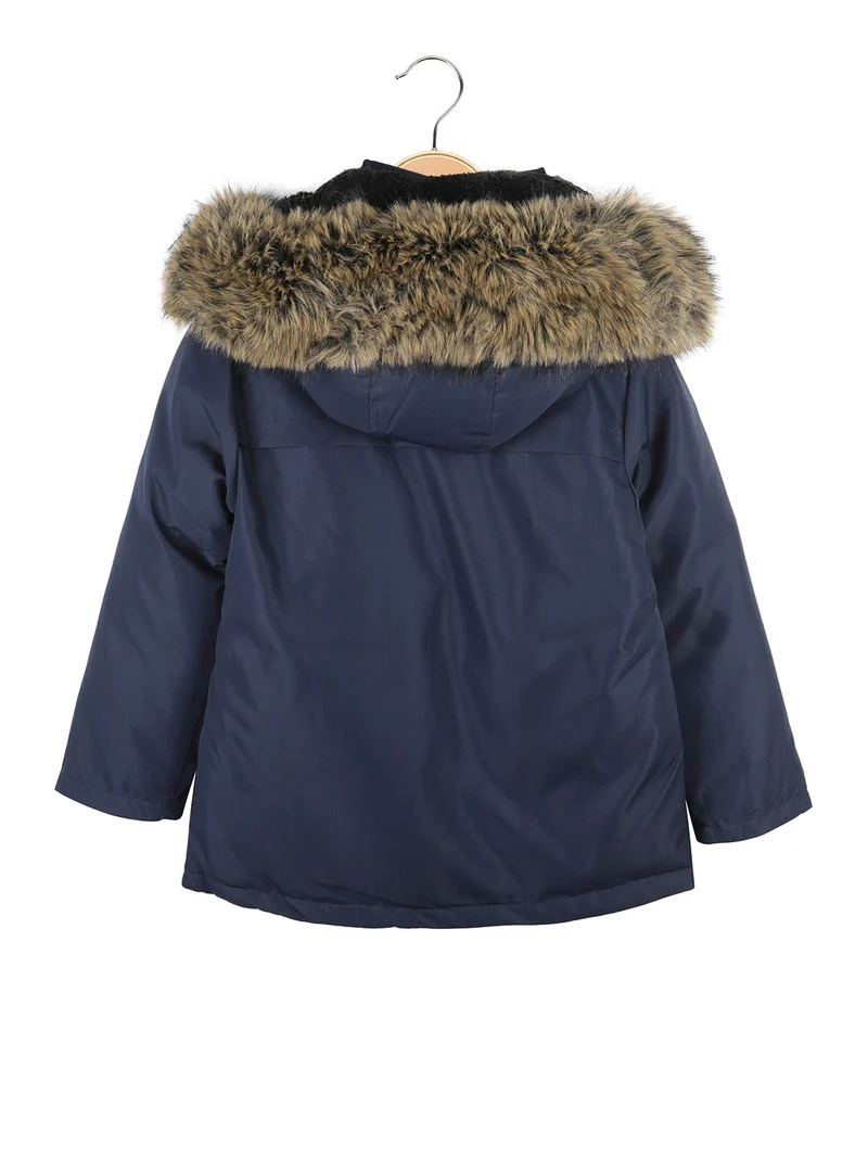 Giubbotto invernale da bambino con cappuccio e interno in ecopelo - blu scuro