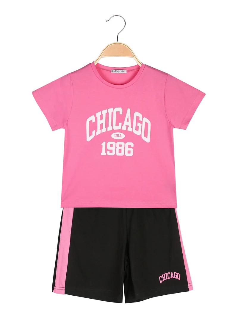 Completo corto da bambina con t-shirt e shorts - fucsia
