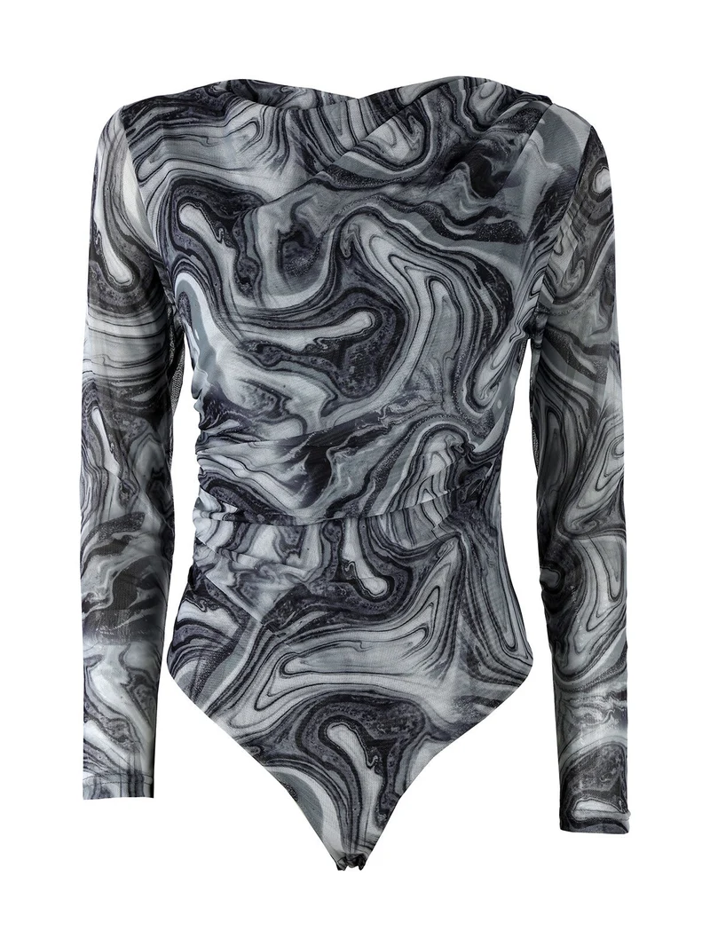 Top body donna a maniche lunghe con scollo a cascata - grigio
