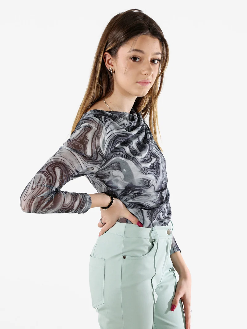 Top body donna a maniche lunghe con scollo a cascata - grigio
