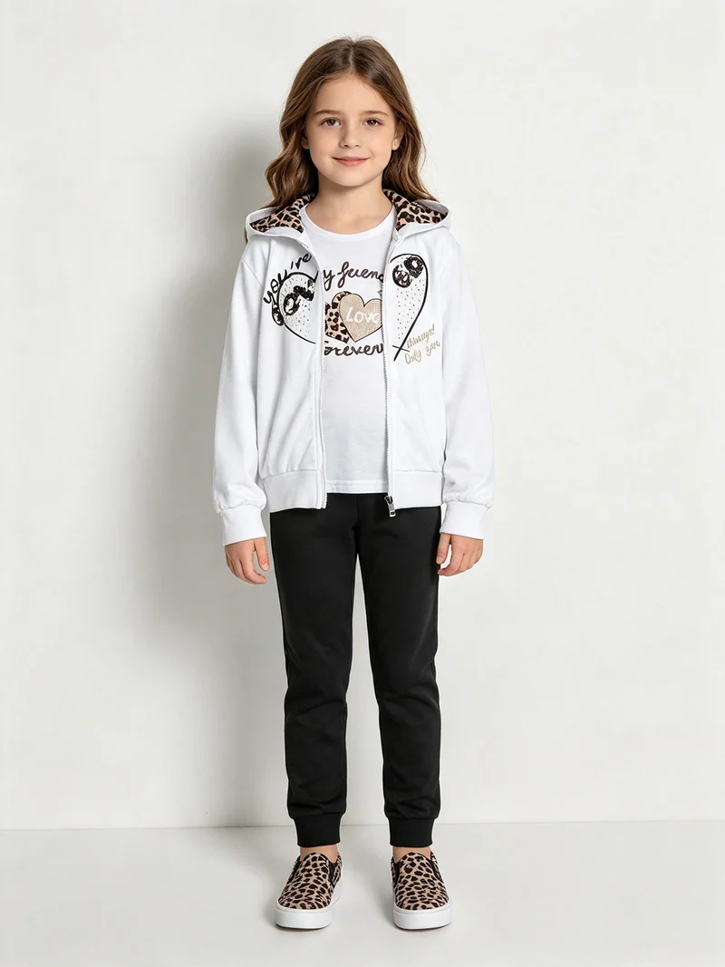 Completo tuta da bambina 3 pezzi con cappuccio e zip - bianco