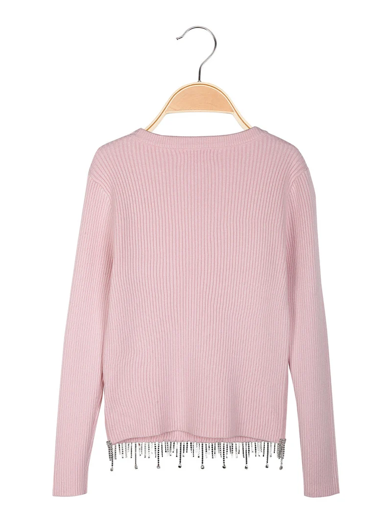 Pullover da bambina in maglia con cascata di strass sul finale - rosa