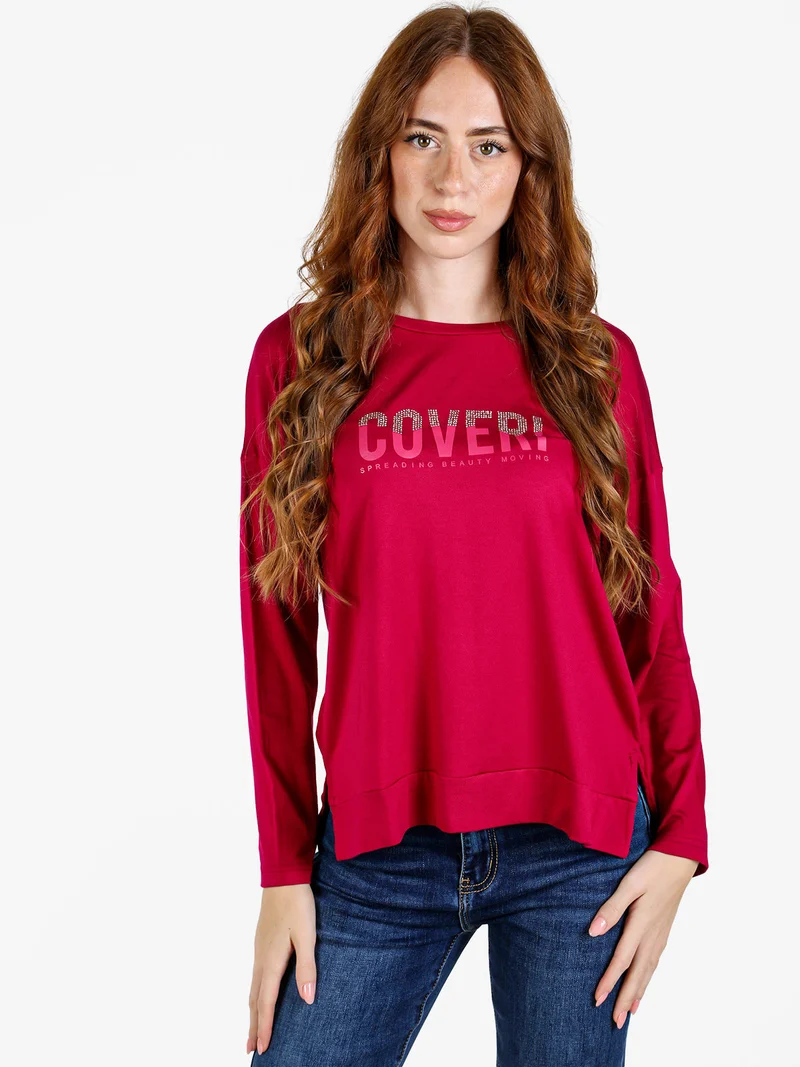 T-shirt donna a maniche lunghe con strass - fucsia