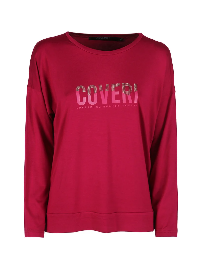 T-shirt donna a maniche lunghe con strass - fucsia