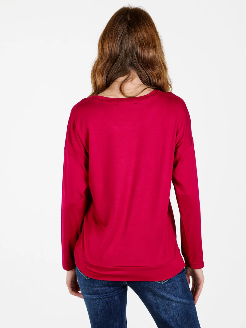 T-shirt donna a maniche lunghe con strass - fucsia