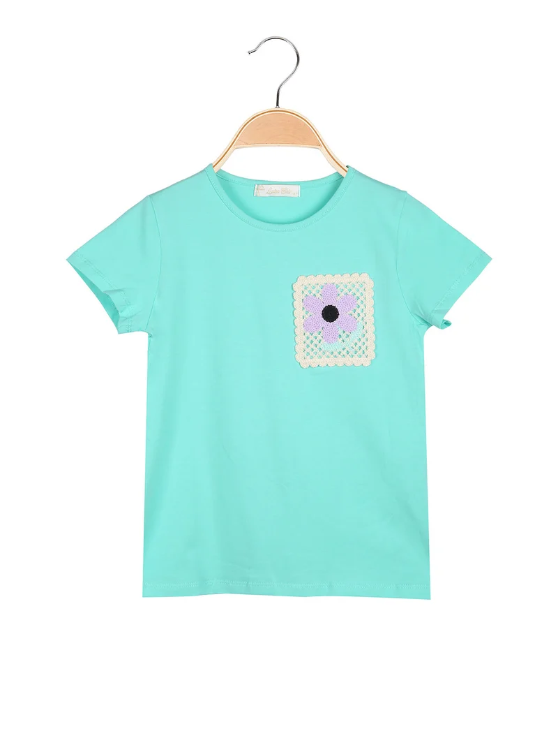 T-shirt da bambina in cotone con toppa in macramè - acqua marina