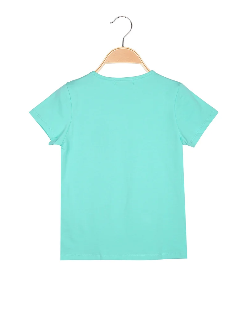 T-shirt da bambina in cotone con toppa in macramè - acqua marina
