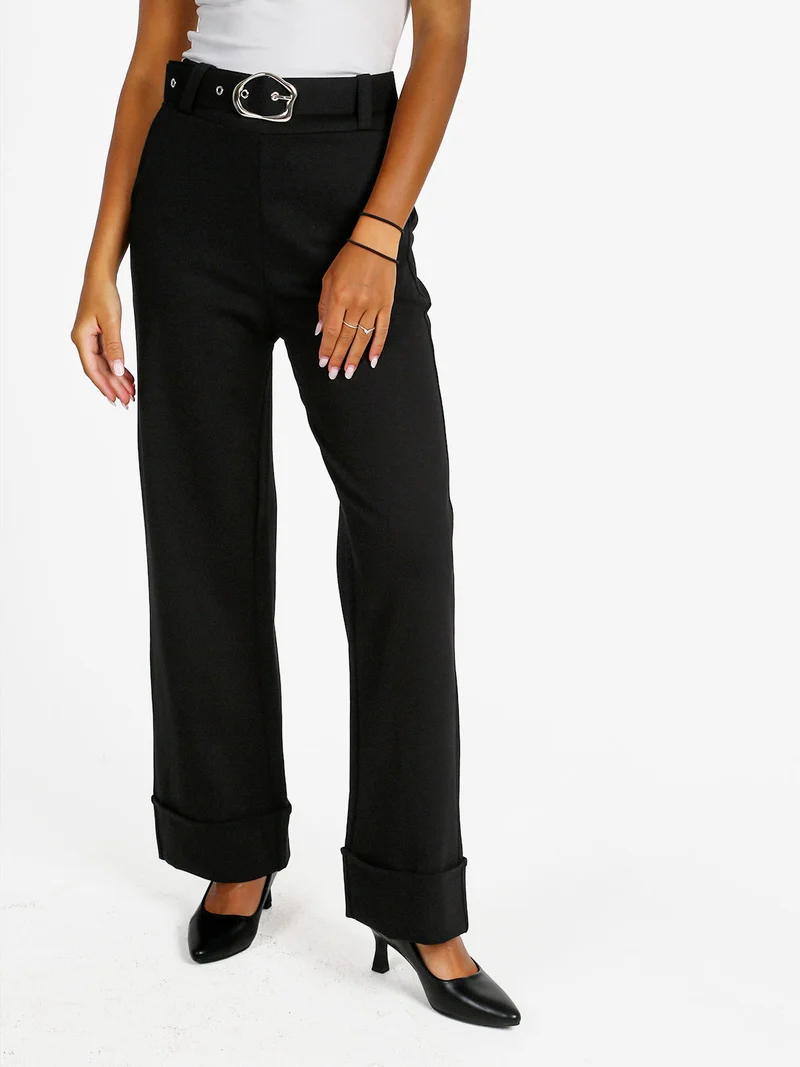 Pantaloni donna a vita alta con cintura - nero