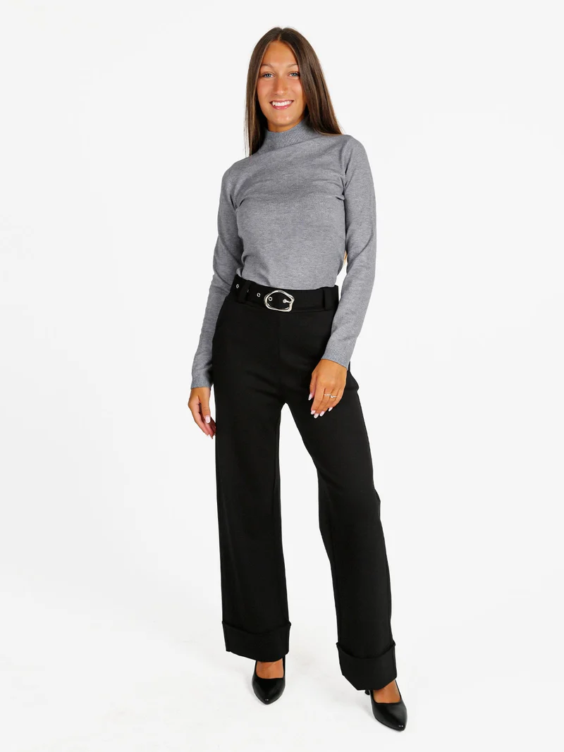 Pantaloni donna a vita alta con cintura - nero